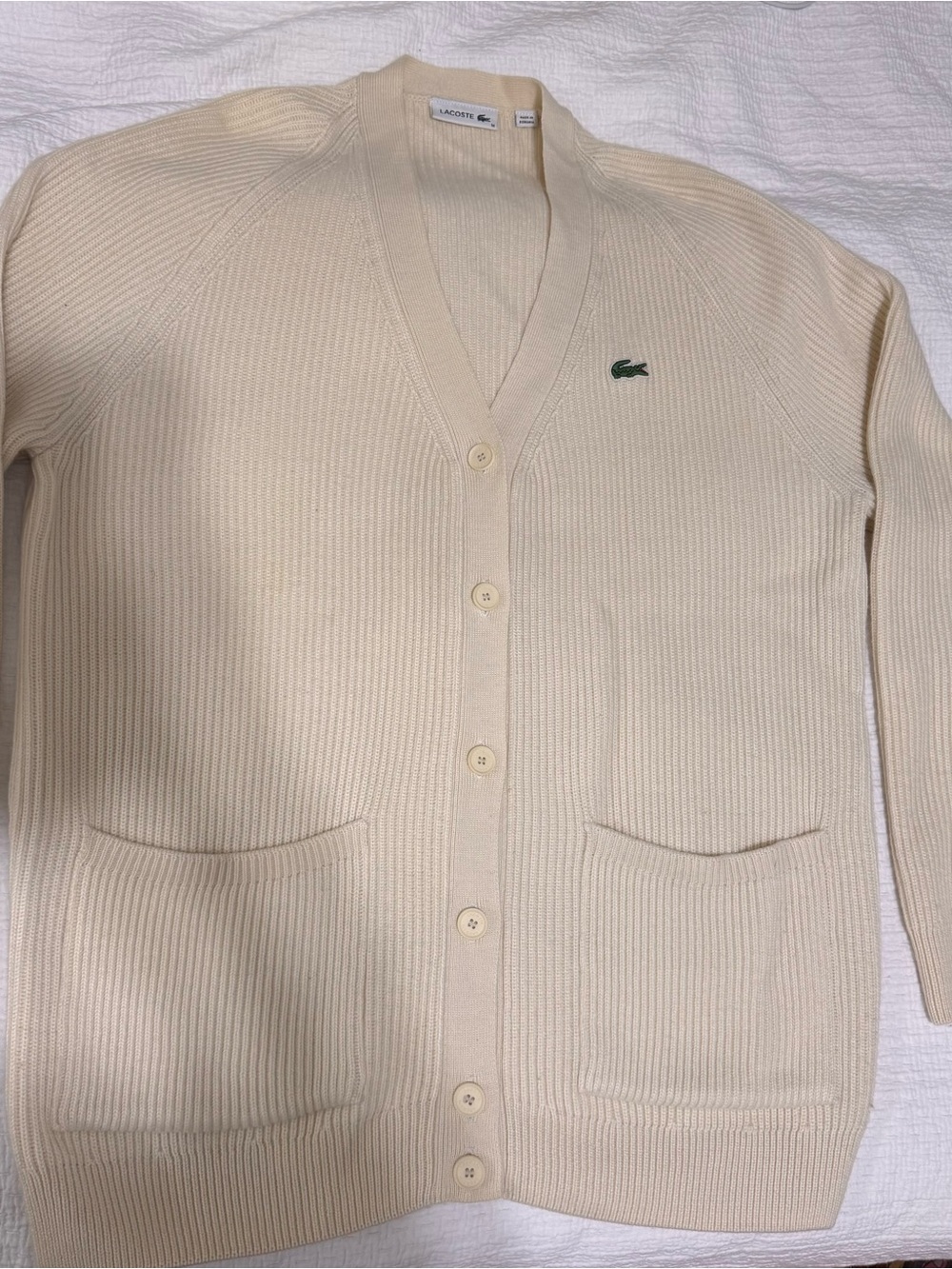 Lacoste Cream Ribbed V-Neck Cardigan,size M, oversized - Picture 6 of 9